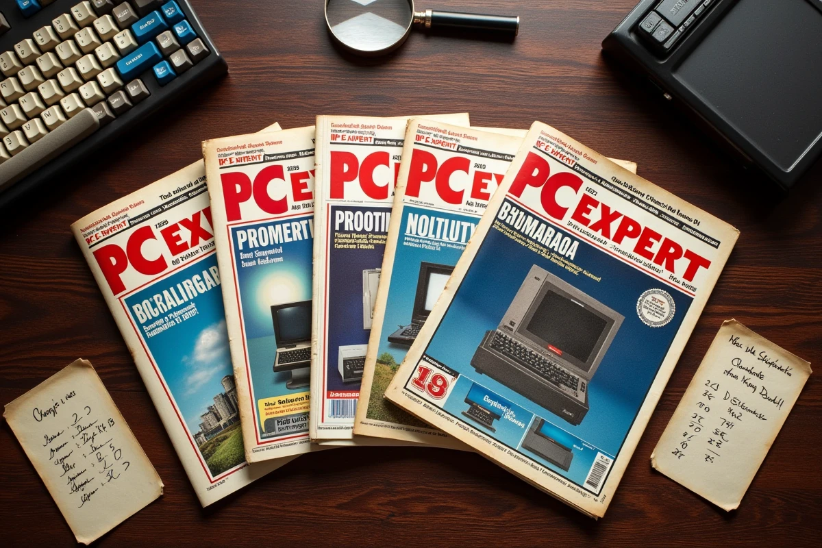 Vue aérienne d'une collection de numéros rares de PC Expert magazine avec estimation de cote et accessoires vintage pour collectionneurs