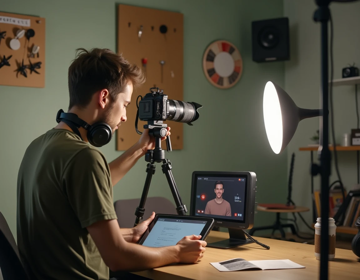 Créateur de contenu enregistrant une vidéo dans son studio maison avec caméra et matériel, symbolisant les créateurs accompagnés par Infonovateur Blog