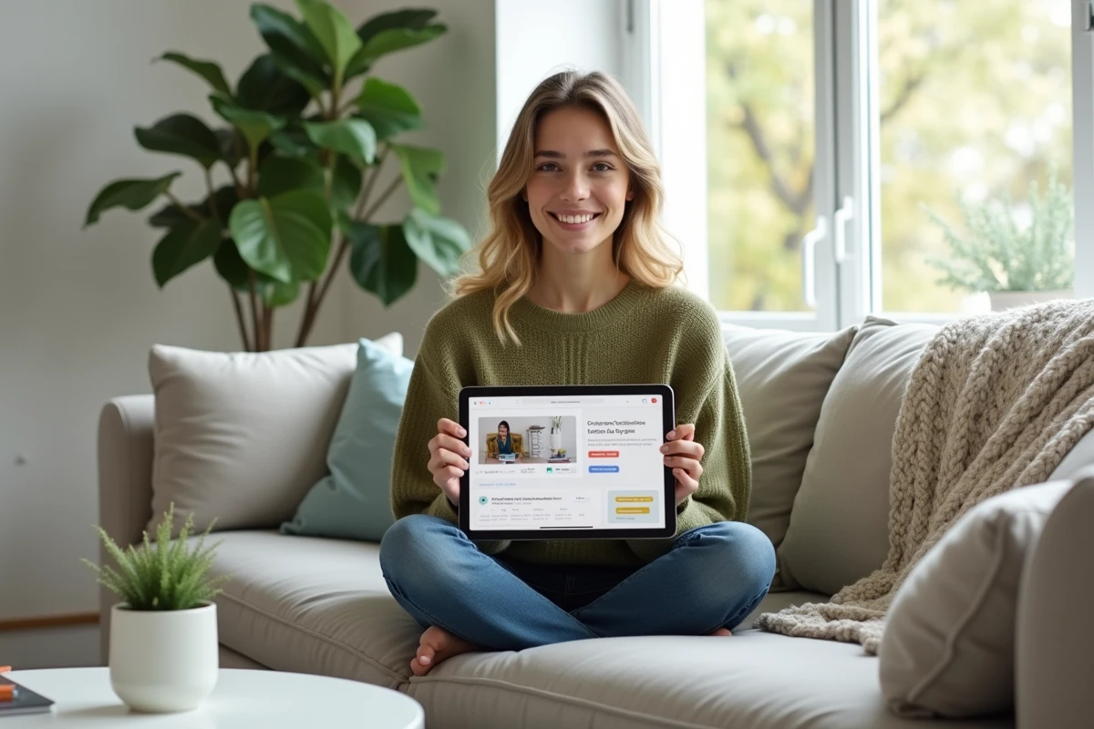 Jeune créatrice de formation en ligne consultant les statistiques de ses cours sur une tablette depuis son salon