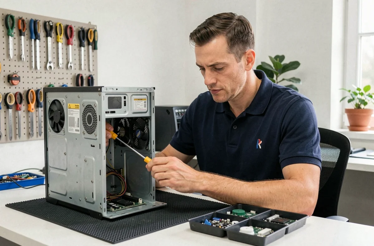 Technicien Deiis réparant un ordinateur de bureau dans un atelier informatique professionnel et ordonné