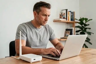 Homme dépannant sa box internet depuis son bureau à domicile avec un routeur Wi-Fi posé à côté de son ordinateur portable