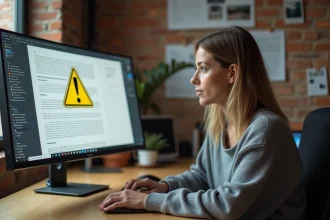 Designer graphique intégrant un logo d'avertissement accrocheur dans une mise en page professionnelle sur écran