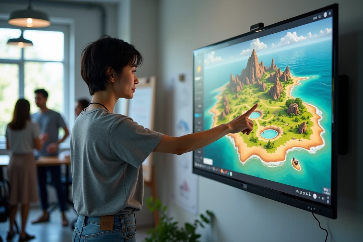 Designer de jeux présentant une map générée par IA Leonardo sur grand écran interactif dans un studio de développement gaming