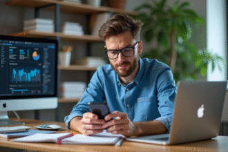 Jeune homme développeur en train d'étudier un smartphone