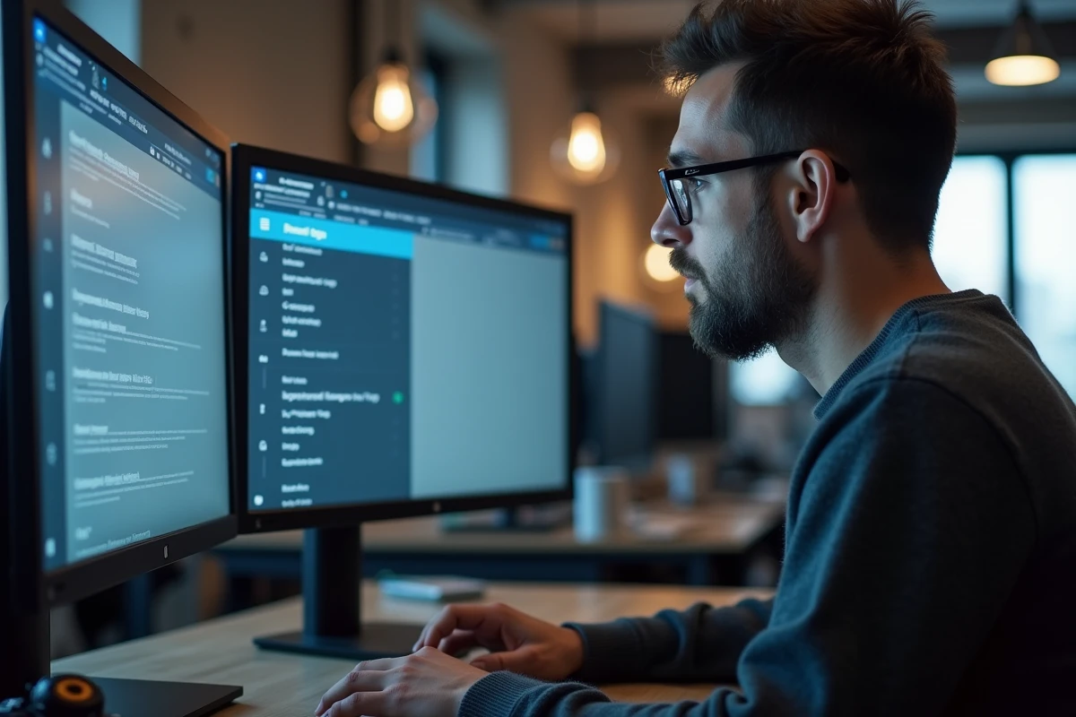 Développeur web consultant les flags expérimentaux de Chrome sur un écran 4K dans un bureau moderne en 2026