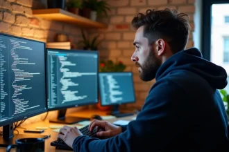 Développeur web concentré travaillant sur plusieurs écrans dans un bureau à domicile moderne, illustrant le profil technique du blog Infonovateur