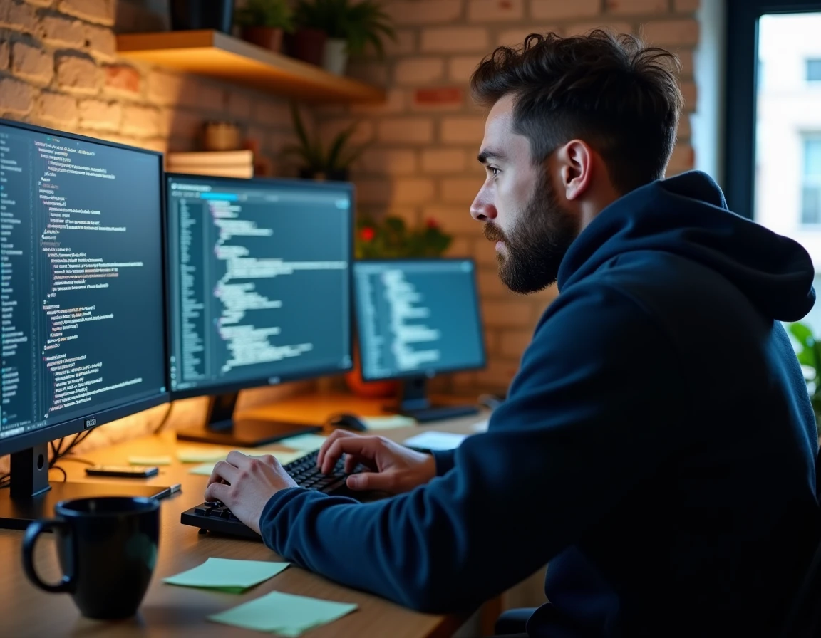 Développeur web concentré travaillant sur plusieurs écrans dans un bureau à domicile moderne, illustrant le profil technique du blog Infonovateur