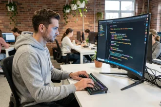 Développeur web analysant du code CSS centrage de div sur un écran d'ordinateur dans un open space moderne