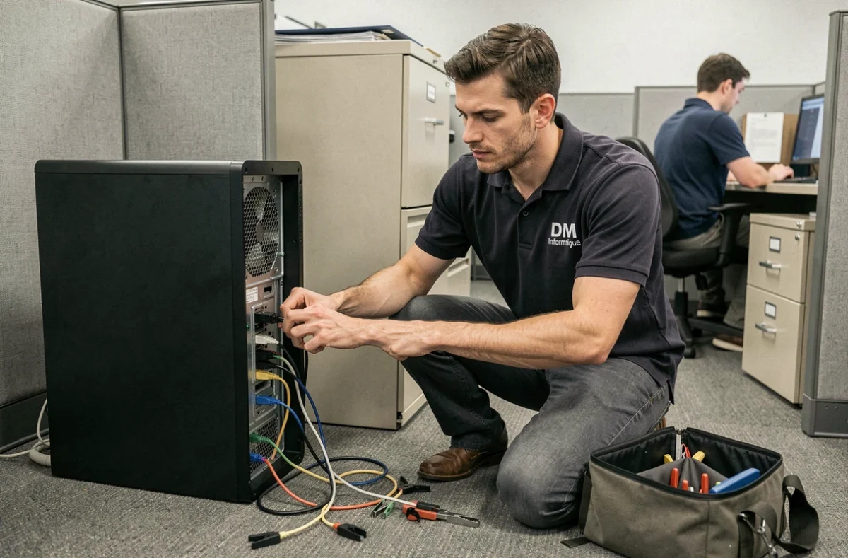 Technicien DM Informatique installant un câble réseau dans un bureau de petite entreprise