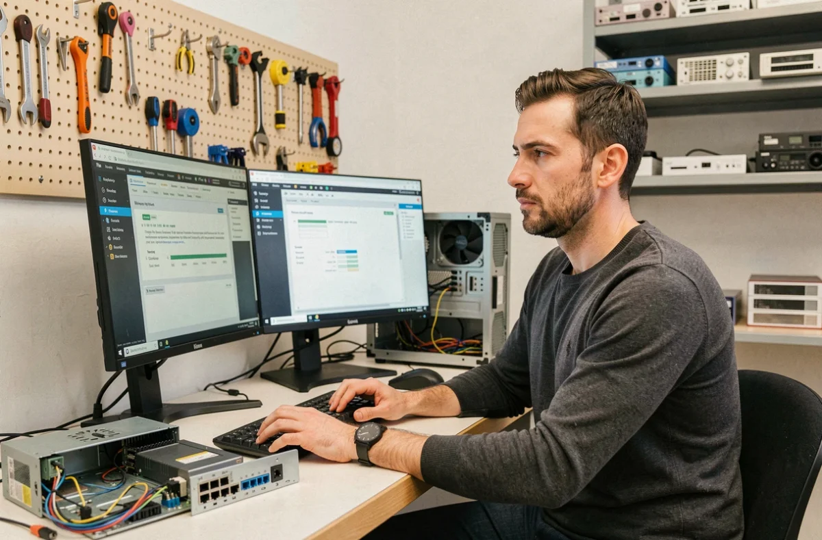 Expert technique IT analysant des équipements informatiques dans un atelier de services IT à Lyon