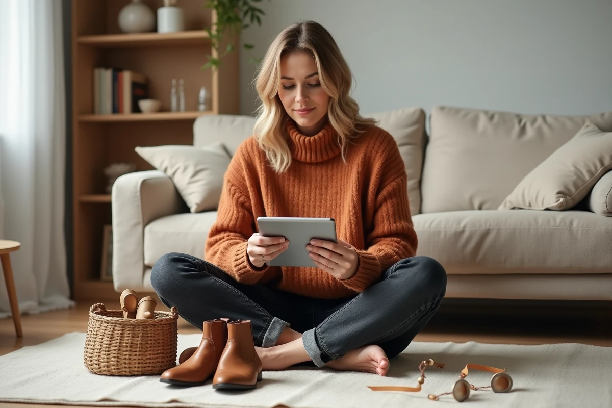 Femme éditant des photos de produits sur tablette pour optimiser ses annonces Leboncoin et Vinted depuis chez elle