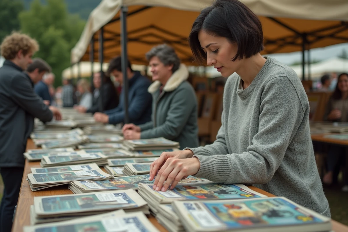 Femme parcourant des éditions rares de PC Expert magazine sur un stand de marché aux puces spécialisé en informatique