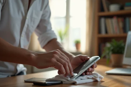 Homme entretenant et nettoyant son Nokia 8800 avec un chiffon microfibre sur un bureau en bois