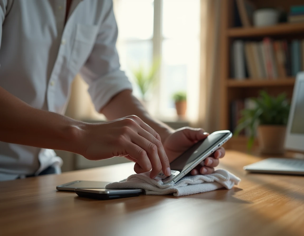 Homme entretenant et nettoyant son Nokia 8800 avec un chiffon microfibre sur un bureau en bois