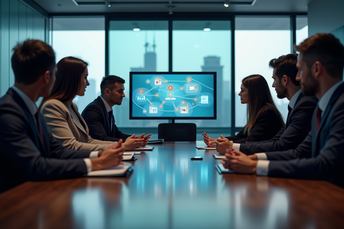 Equipe diverse discute autour d un grand ecran tactile en salle de réunion