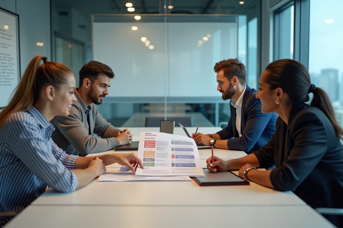 Équipe de professionnels discutant des tarifs et formules d'une plateforme de formation en intelligence artificielle en salle de réunion