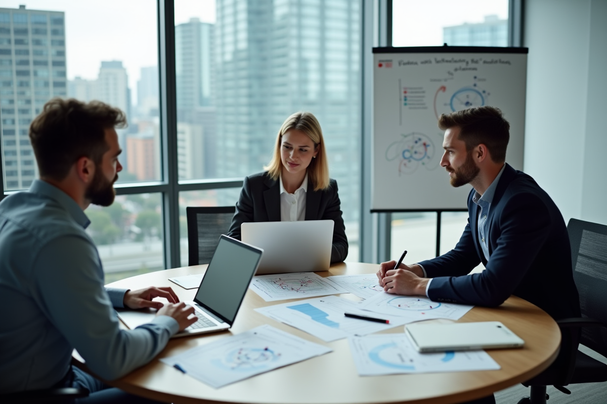 Equipe IT discute diagrammes de topologie réseau en réunion