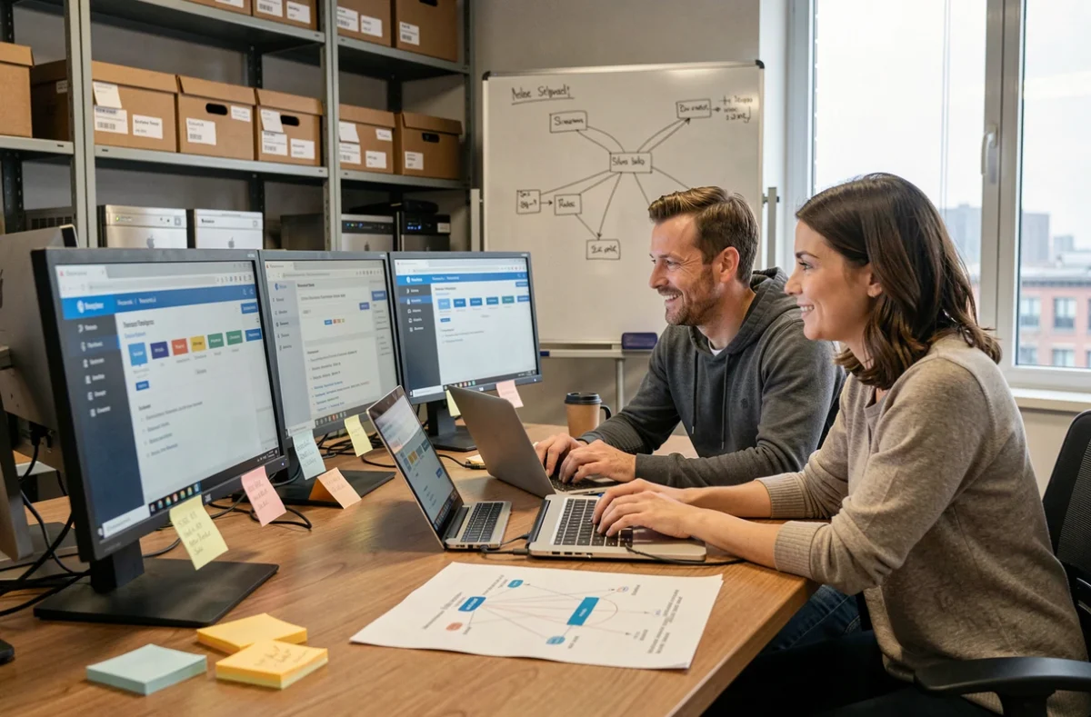 Équipe informatique collaborant sur l'optimisation d'un parc informatique d'entreprise avec des outils de gestion en ligne