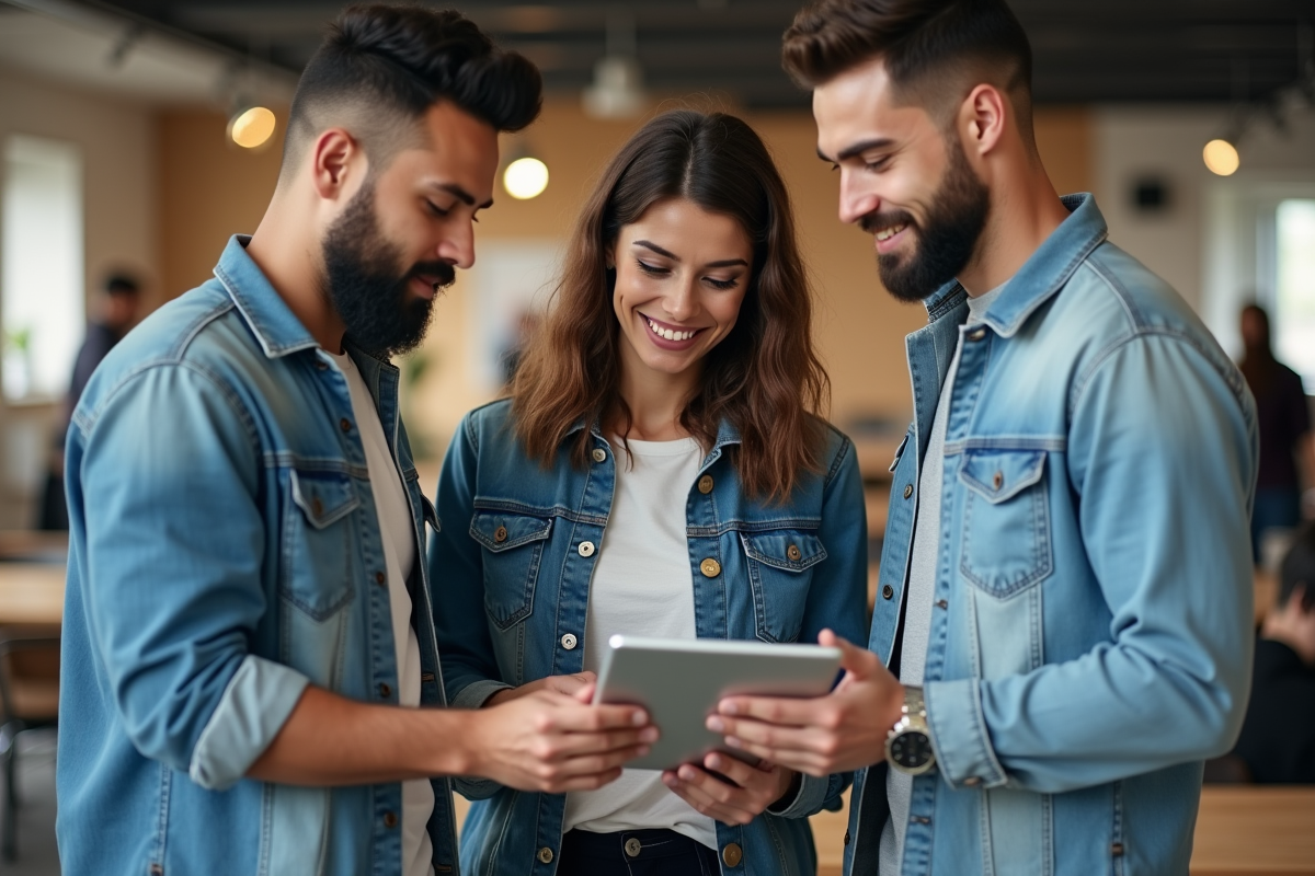 Groupe de collègues discutant de données sur une tablette