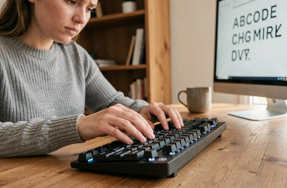 Femme appuyant sur la touche Maj d'un clavier mécanique avec une expression perplexe devant un écran affichant des majuscules inattendues