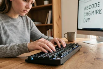 Femme appuyant sur la touche Maj d'un clavier mécanique avec une expression perplexe devant un écran affichant des majuscules inattendues