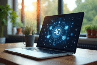 Espace de travail moderne avec ordinateur et icônes AI et SEO