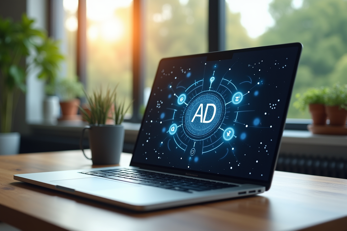 Espace de travail moderne avec ordinateur et icônes AI et SEO