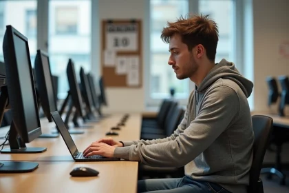 Étudiant en informatique à Grenoble travaillant sur son ordinateur