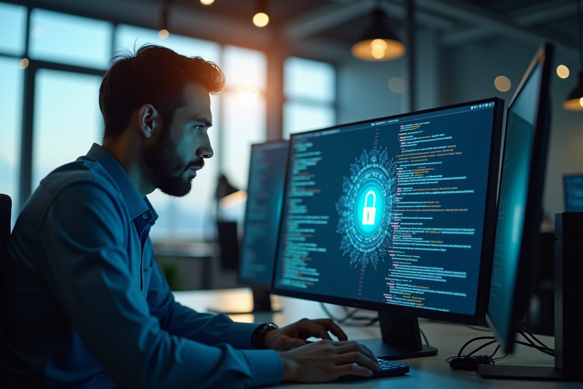 Professionnel en sécurité informatique examinant du code avec un cadenas digital