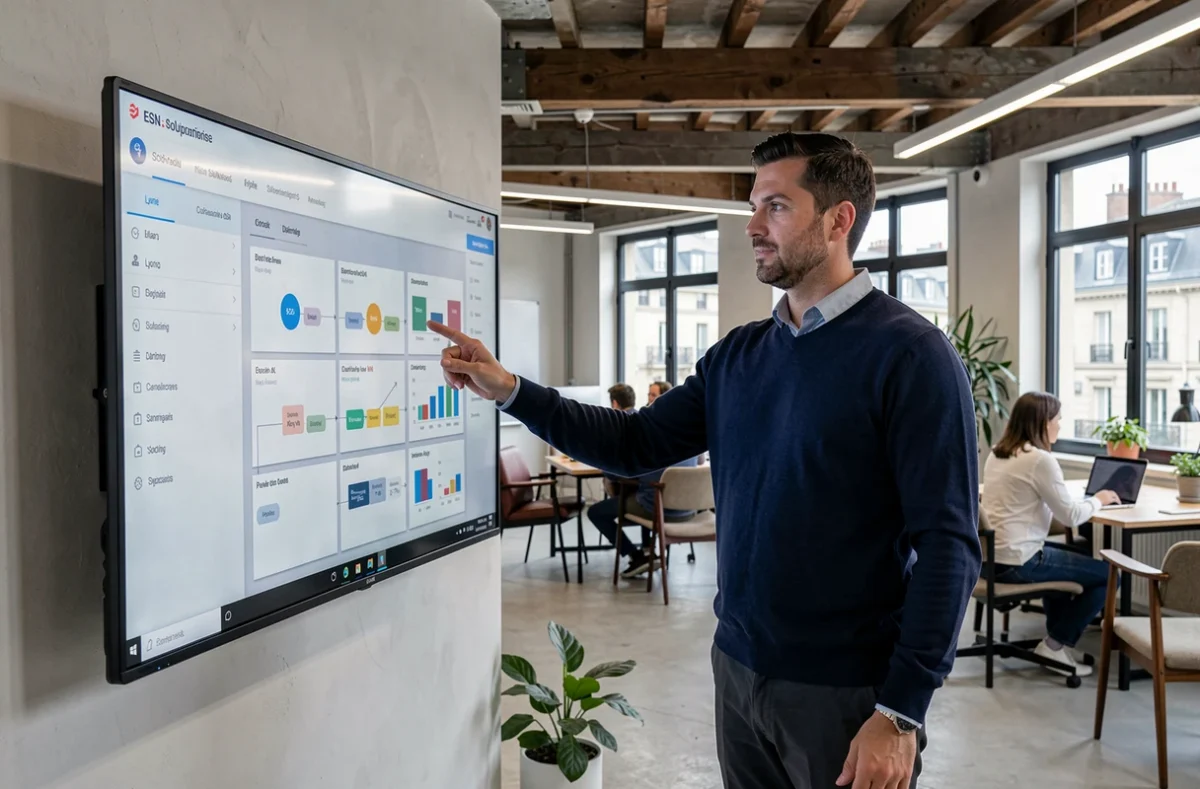 Consultant en solutions numériques d'une ESN présentant un logiciel métier dans un espace tech moderne à Lyon