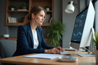 Femme d'affaires analysant des données marketing sur un ordinateur