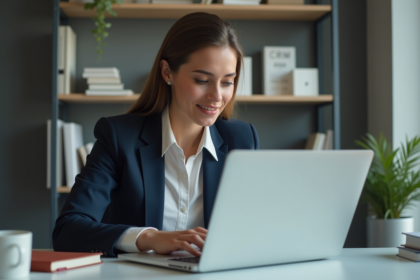 Femme d'affaires au bureau utilisant un CRM