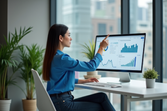 Jeune femme professionnelle analysant des données sur un écran