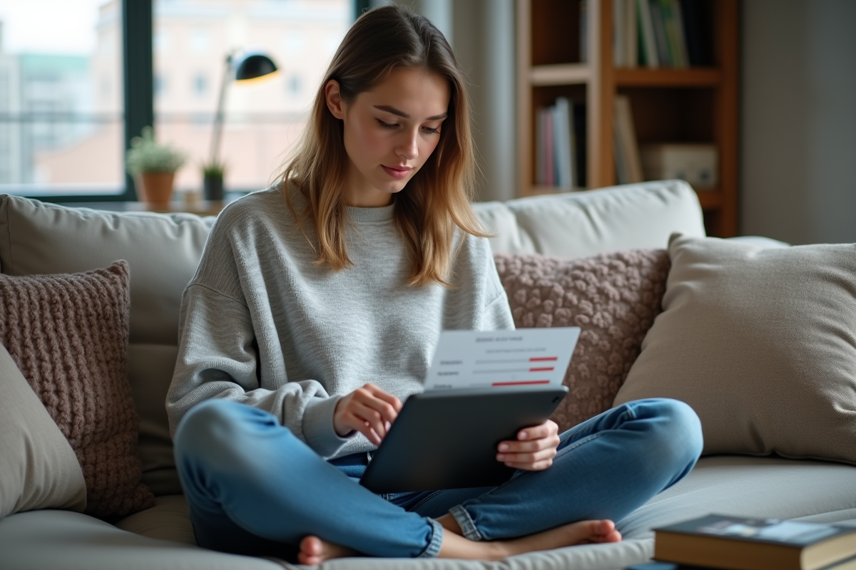 Femme détendue consulte des graphiques VPN sur tablette