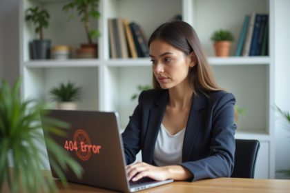 Jeune femme au bureau regardant un message 404
