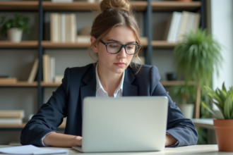 Jeune femme en tenue professionnelle analysant son ordinateur