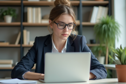 Jeune femme en tenue professionnelle analysant son ordinateur