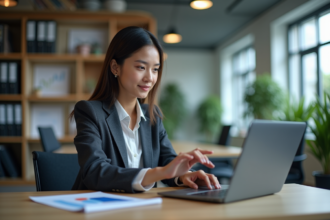 Jeune femme en bureau avec ordinateur et workflow
