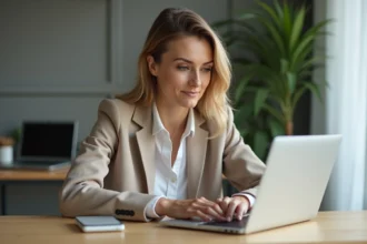 Femme en bureau lisant des avis sur son ordinateur portable