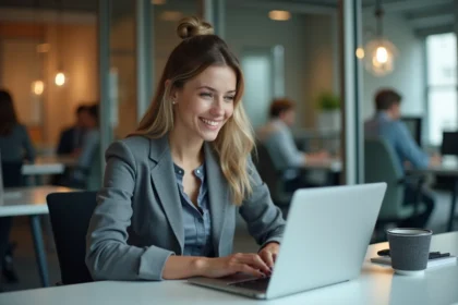 Jeune femme d'affaires engagée avec un chatbot sur son ordinateur