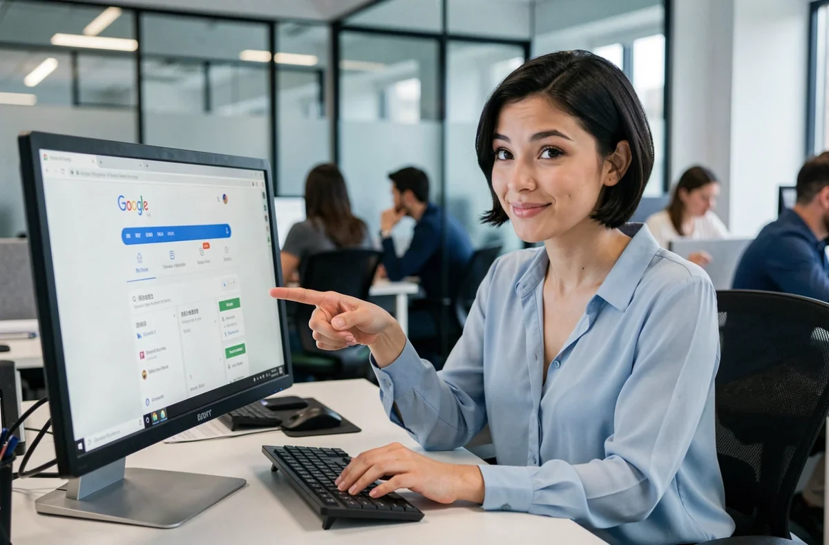 Jeune femme au bureau découvrant le trick Do a Barrel Roll sur Google avec un écran d'ordinateur