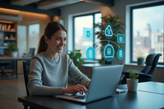 Jeune femme au bureau utilisant un ordinateur portable avec icônes numériques