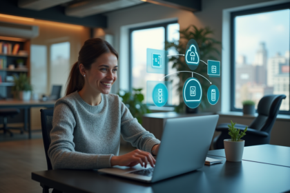 Jeune femme au bureau utilisant un ordinateur portable avec icônes numériques