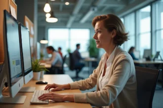 Femme concentrée travaillant sur son ordinateur dans un bureau moderne