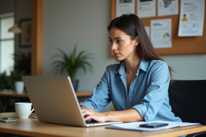 Femme concentrée travaillant sur son ordinateur dans un bureau moderne