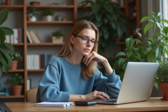 Jeune femme au bureau à la maison effectuant une sauvegarde