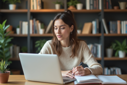 Femme concentrée travaillant sur son ordinateur dans un bureau moderne