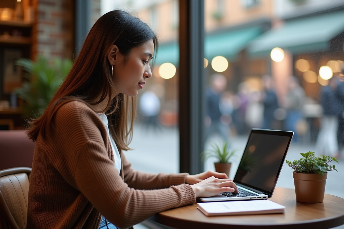 Femme jeune tapant sur son ordinateur dans un café animé