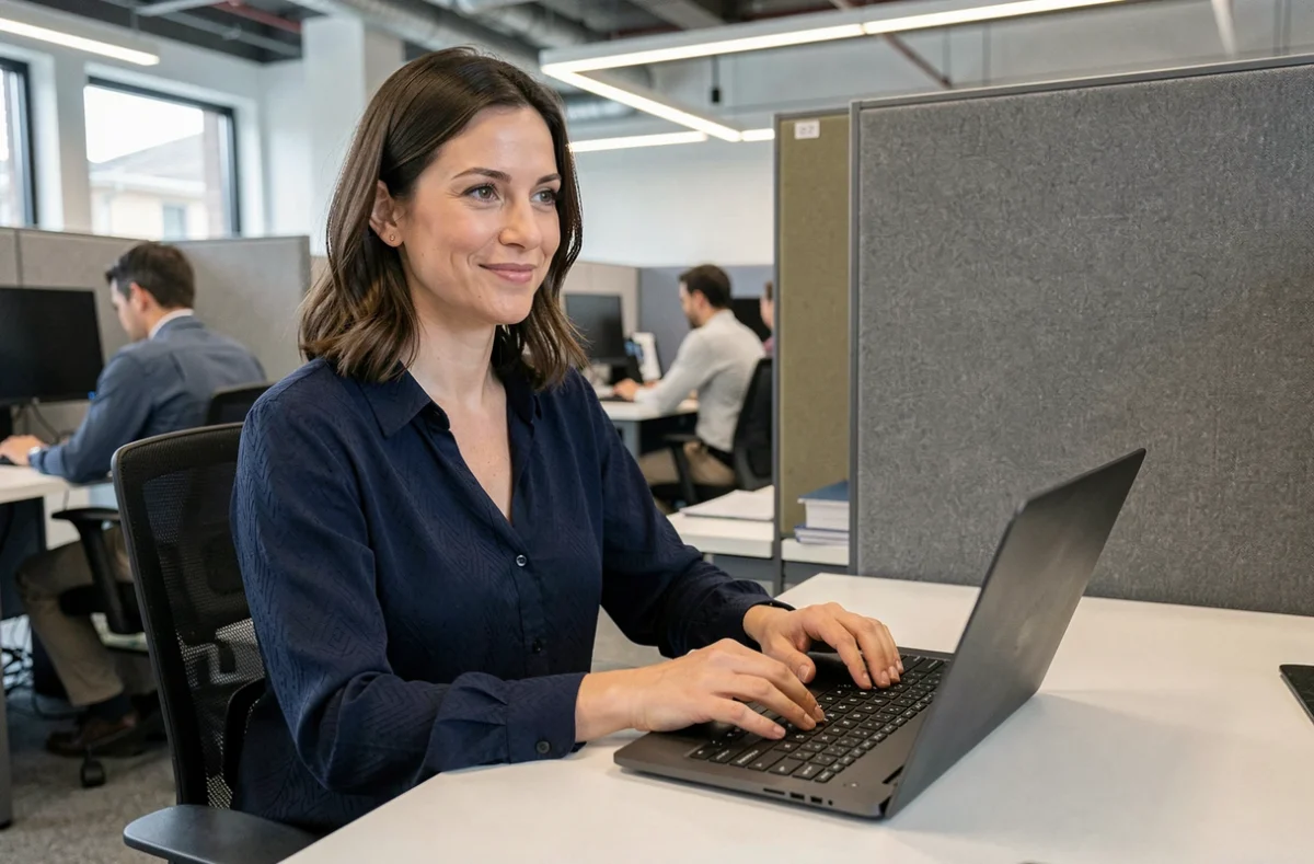 Femme utilisant un clavier QZERTY abordable dans un espace de coworking moderne avec collègues en arrière-plan