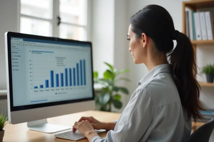Femme comparant des offres d'hébergement web sur un écran d'ordinateur dans un bureau moderne